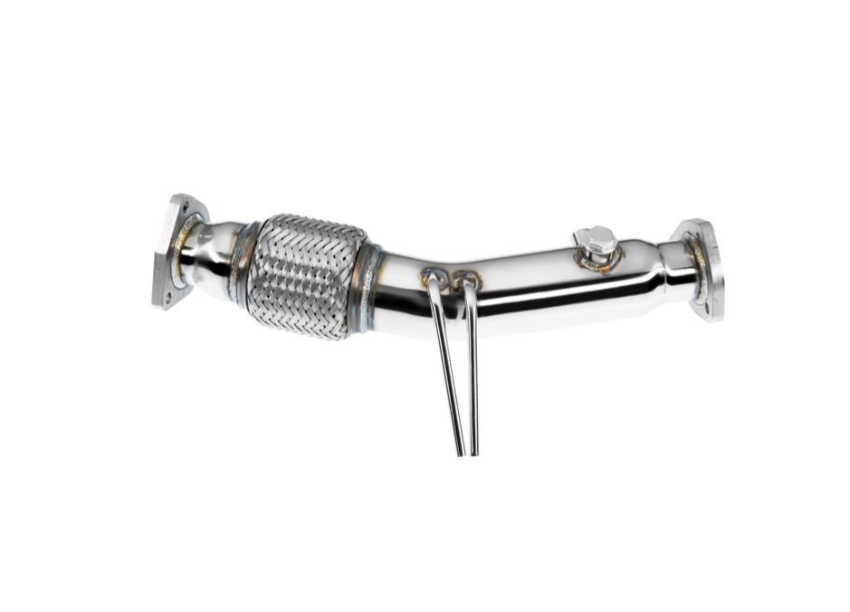Downpipe inox Audi A6 2.0 TDI PD vu de profil avec son flexible tressé