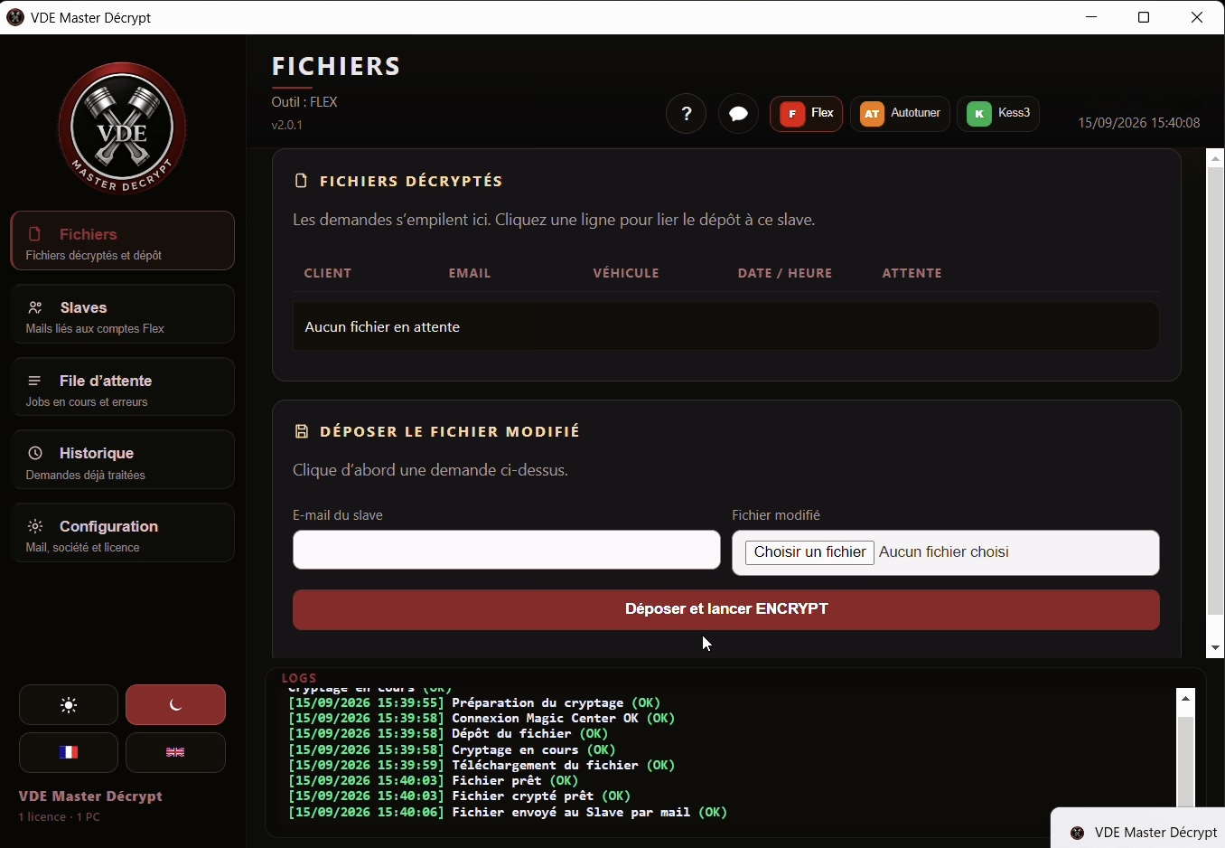 Journal du logiciel : cryptage, dépôt du fichier et envoi au slave par mail