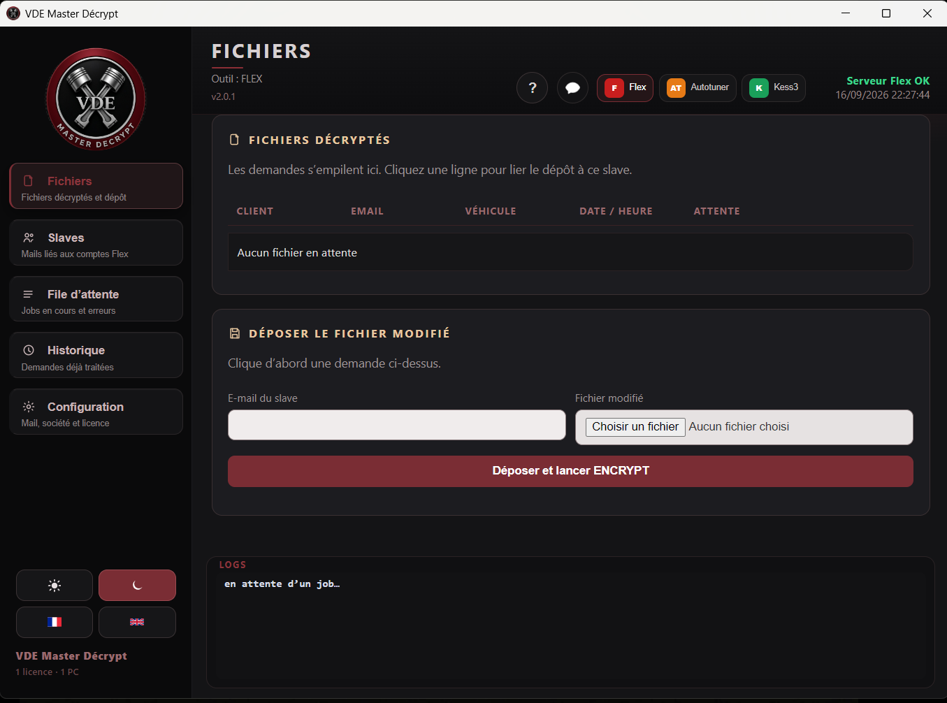 Interface du logiciel VDE Master Décrypt : fichiers décryptés, dépôt du fichier modifié et journal