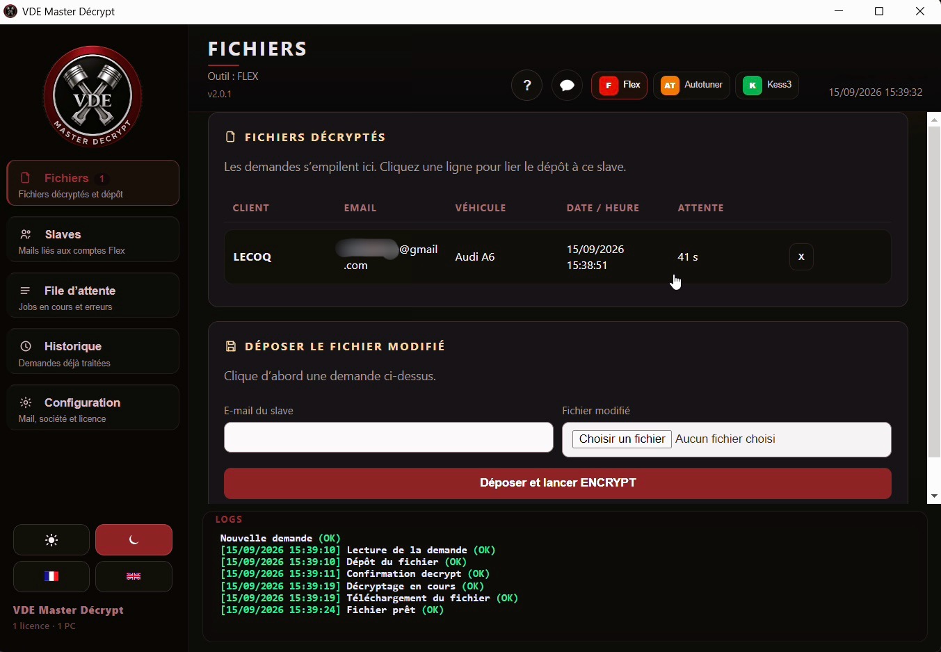 Une demande slave en attente dans VDE Master Décrypt, avec le véhicule et le temps d'attente