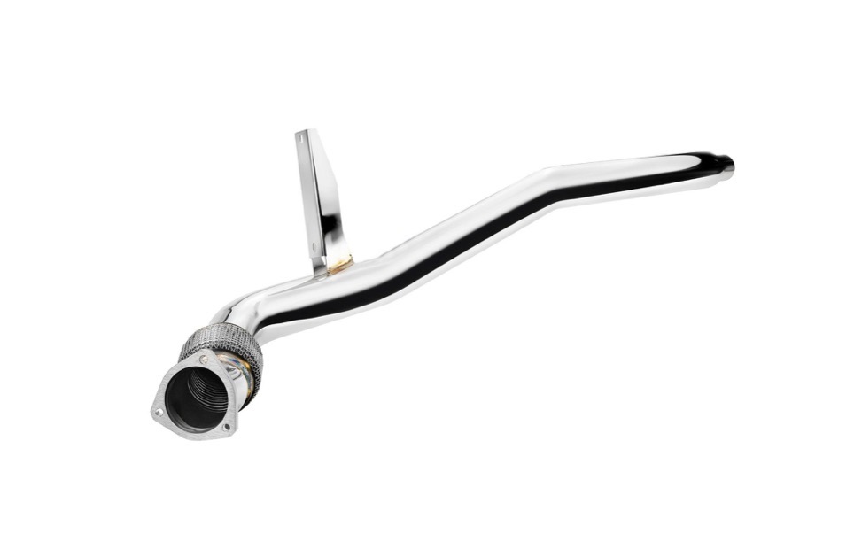 Downpipe Pro inox Audi A6 C6 vu de trois quarts avec sa bride et son support