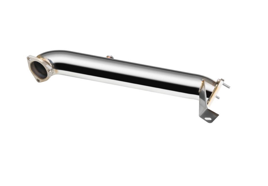 Downpipe inox Audi A6 C6 3.0 TDI vu de trois quarts avec son support