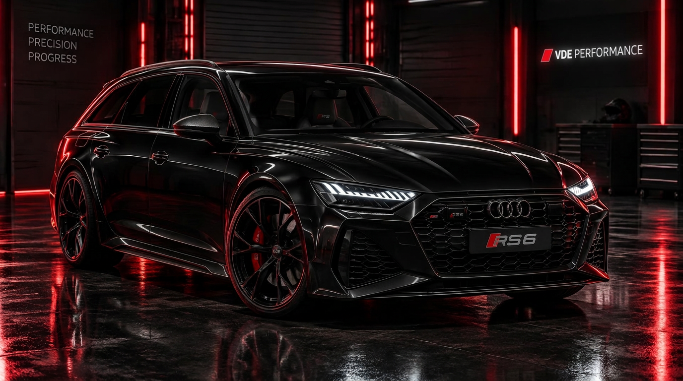 Audi RS6 noire en atelier, éclairage rouge